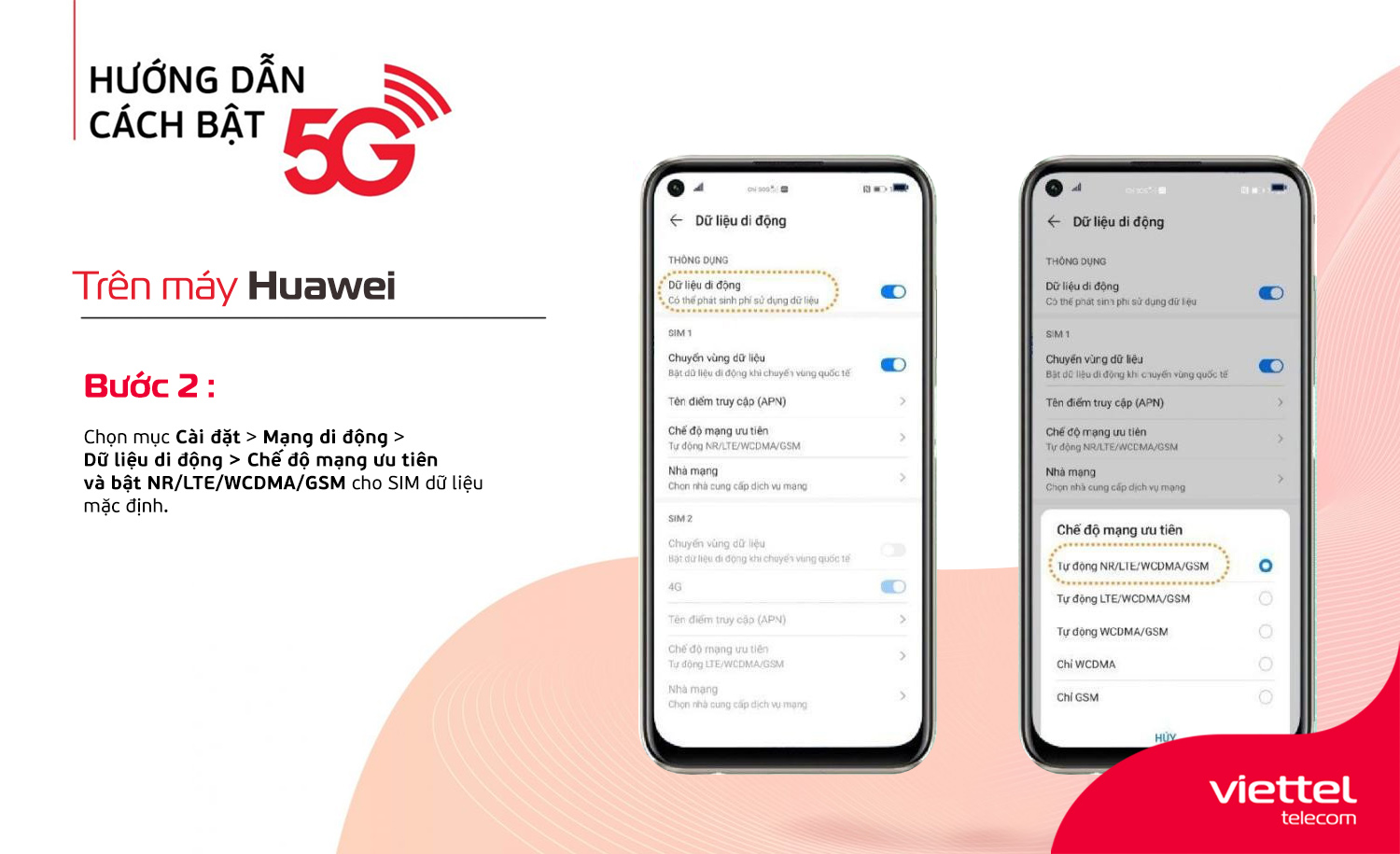 Bật dữ liệu 5G cho điện thoại Huawei